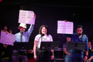 "The Temple of Knowledge," written by Jen Browne, directed by Urja Vyas, featuring Chris Emanuel, Shari Hazlett, & Ed Malin, performed live for Living Radio at UNDER St. Mark's Theater, October 6, 2025, photo by Steve Prue